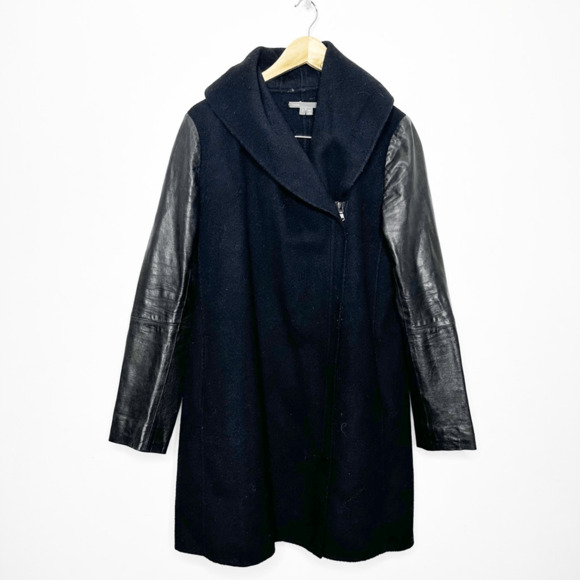 Vince Coat Double Faced Coat Wool Black Lamb Skin Leather Sleeve Shawl Collar S - Picture 2 of 8